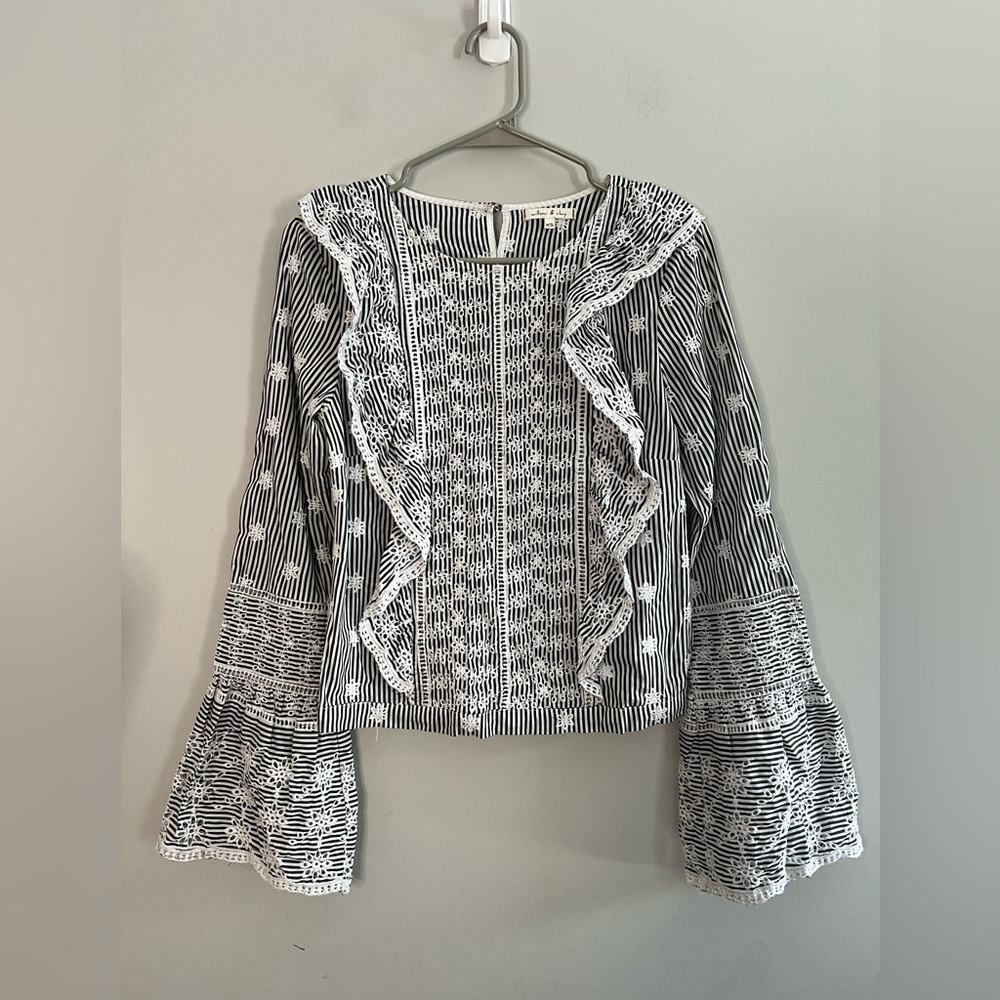 Willow & Clay Black and White Striped Embroidered Women's Top
